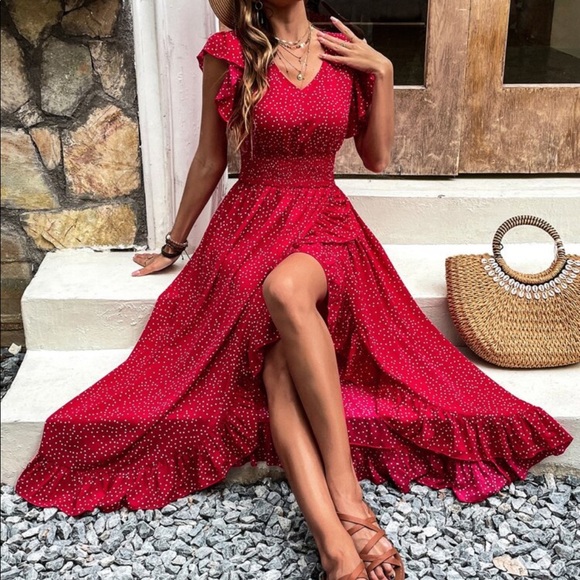 Boho Plus Size Polka Dots Butterfly Sleeve Maxi Dress - Picture 2 of 7